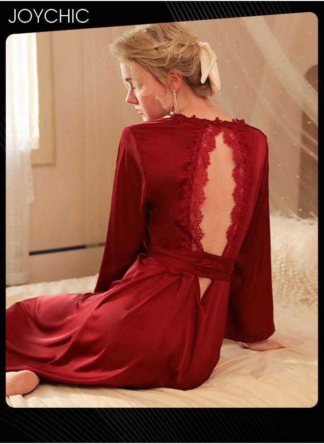 Joychic - French Romantic Light Luxury Elegant Spring and Summer Autumn Women Soft Satin Nightgown Long-sleeved Backless Pajamas V-neck Sleep Robe with Belt Horn Cuff Design Wine Red - Image 1
