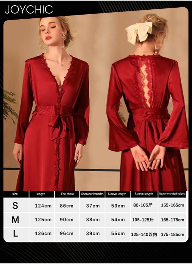 Joychic - French Romantic Light Luxury Elegant Spring and Summer Autumn Women Soft Satin Nightgown Long-sleeved Backless Pajamas V-neck Sleep Robe with Belt Horn Cuff Design Wine Red - Image 1