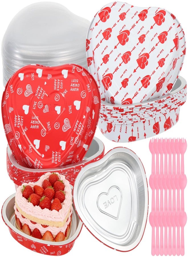 DANHMAO 24pcs 22oz Heart Shaped Cake Pans Valentine's Day Aluminum Foil Heart Cake Pans with Lids & Pink Fork Spoons Oven Safe Baking Tins for Valentine's Day Wedding Party - Image 1