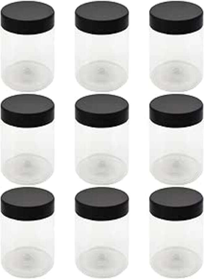 Artistic 8-Piece Plastic Jar, White, Clear, 500ml, 9cm Diameter, Black Lid, Reusable, Round, Storage Containers