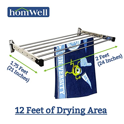 homWell Stainless Steel Heavy Duty 6 Pipe X 2 Feet Clothes Drying Stand wall Mounted | Foldable wall Mount Cloth Drying Stand | Cloth wall Mounted Stand Foldable - Image 2