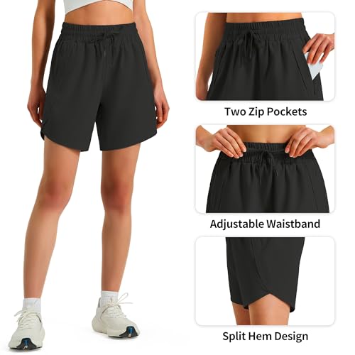 Ksmien Women's 5"/ 7" Athletic Running Shorts Quick Dry Lightweight Workout Gym Shorts with Zipper Pockets UPF 50+ Black L - Image 5