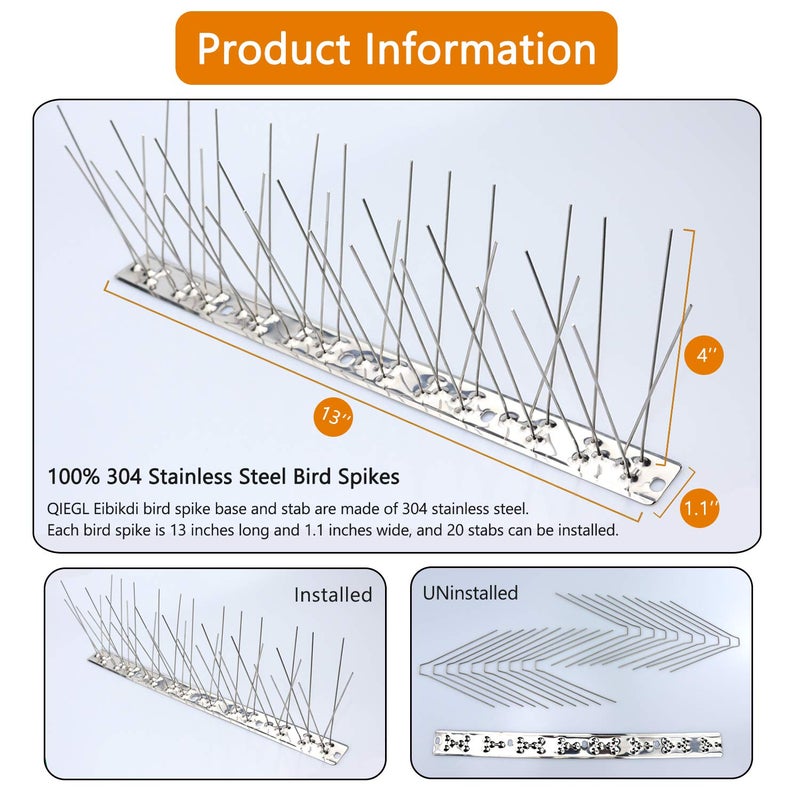 QIEGL Bird Spikes 304 Stainless Steel for Pigeons Small Birds Anti Bird Spike Sparrow Fence Spikes Cover 10.8 Feet (10 Pack Uninstalled) - Image 4
