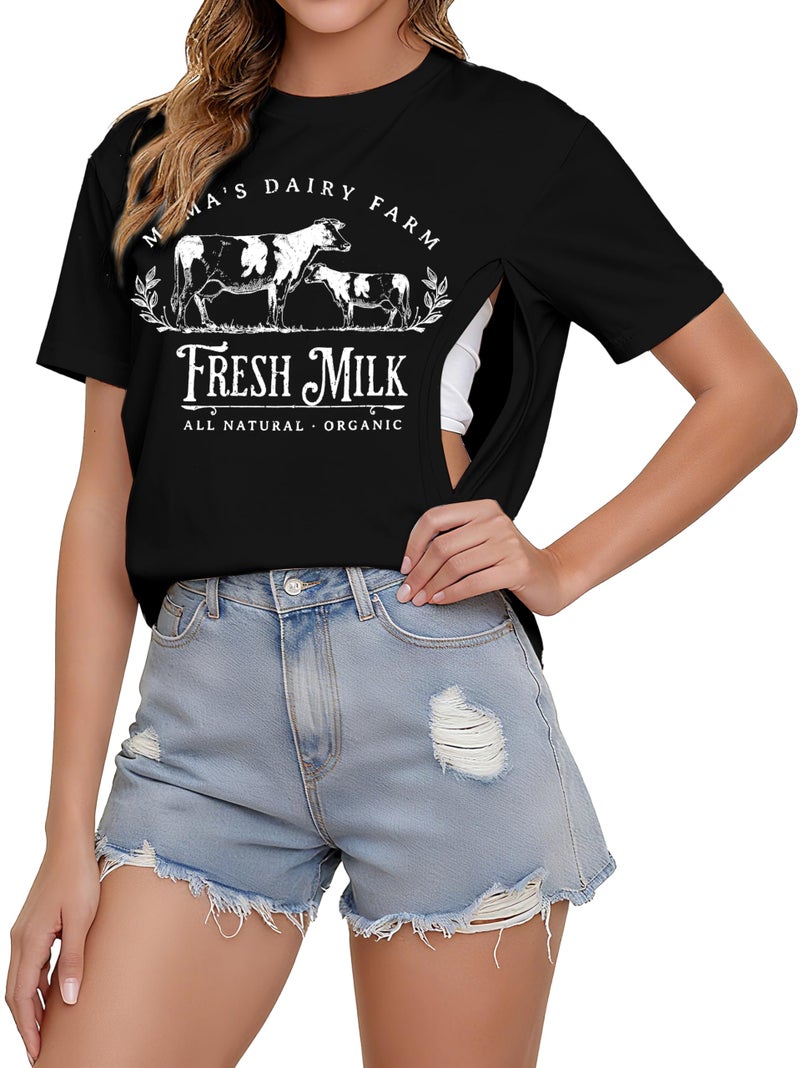 UNIQUEONE Comfort Breastfeeding Shirts for Women Zip Nursing Tops Casual Distressed Acid Washed Maternity Tees Black - Image 1