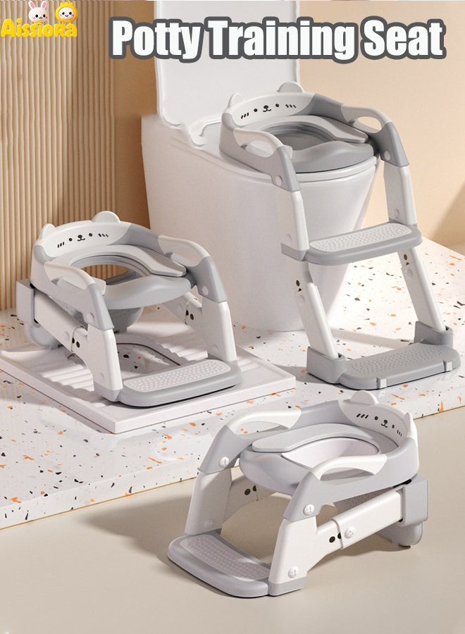 Aissiora Potty Training Seat, Kids Toilet Training Seat with Step Stool, Foldable Portable Potty Chair with Adjustable Height Ladder Guard Handle Soft Cushion White for Baby Toddler Boys Girls - Image 1