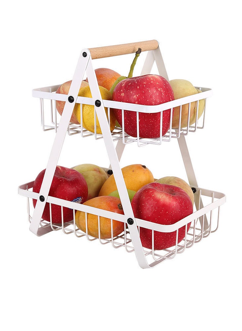 TYCOM Fruit Basket for Kitchen Countertop 2 Tier Portable Metal Wire Storage Rack with Wooden Handle Detachable Rectangle Basket for Kitchen Organizer Storage Bread Snacks Fruits 2 Layer White.  - Image 1