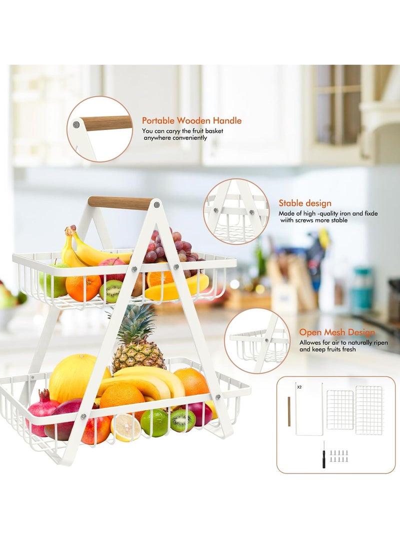 TYCOM Fruit Basket for Kitchen Countertop 2 Tier Portable Metal Wire Storage Rack with Wooden Handle Detachable Rectangle Basket for Kitchen Organizer Storage Bread Snacks Fruits 2 Layer White.  - Image 2