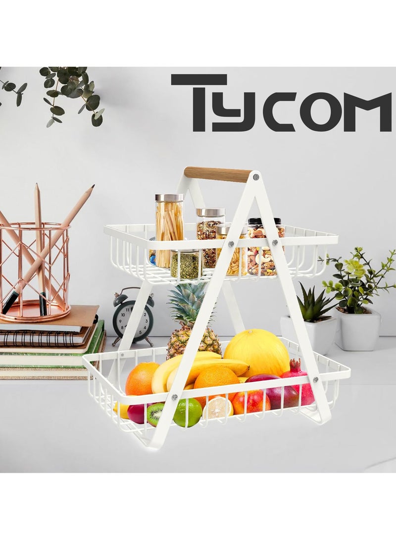 TYCOM Fruit Basket for Kitchen Countertop 2 Tier Portable Metal Wire Storage Rack with Wooden Handle Detachable Rectangle Basket for Kitchen Organizer Storage Bread Snacks Fruits 2 Layer White.  - Image 3