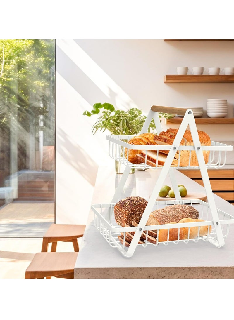 TYCOM Fruit Basket for Kitchen Countertop 2 Tier Portable Metal Wire Storage Rack with Wooden Handle Detachable Rectangle Basket for Kitchen Organizer Storage Bread Snacks Fruits 2 Layer White.  - Image 4