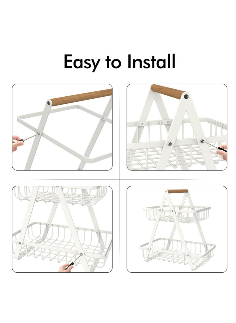 TYCOM Fruit Basket for Kitchen Countertop 2 Tier Portable Metal Wire Storage Rack with Wooden Handle Detachable Rectangle Basket for Kitchen Organizer Storage Bread Snacks Fruits 2 Layer White.  - Image 5