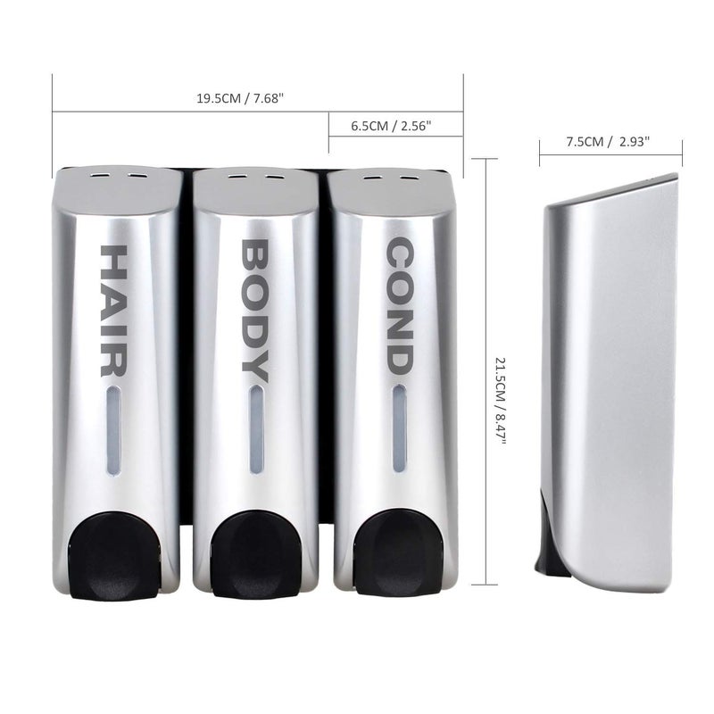 AUMIO AUMIO Chamber Soap Dispenser Trio Shower Gel Shampoo Conditioner with 3x350ml Refillable Bottles ABS Wall Mount Silver  - Image 2