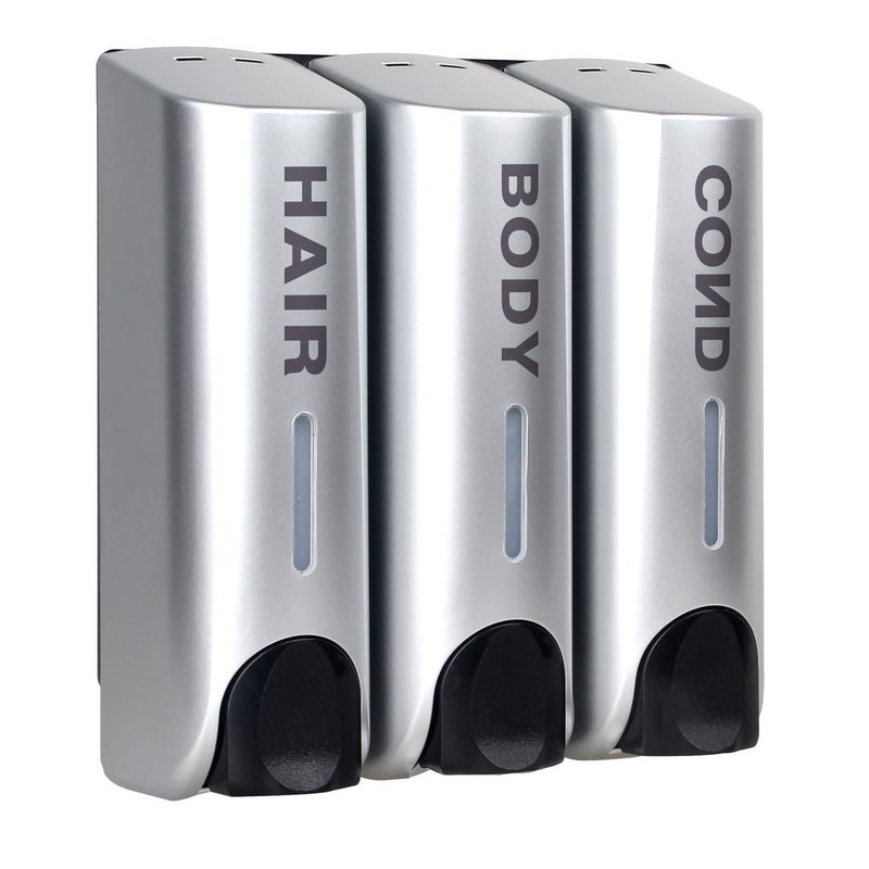 AUMIO AUMIO Chamber Soap Dispenser Trio Shower Gel Shampoo Conditioner with 3x350ml Refillable Bottles ABS Wall Mount Silver  - Image 1