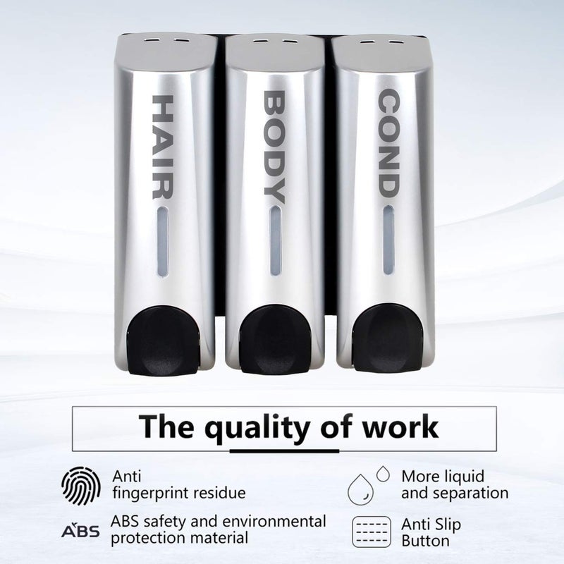 AUMIO AUMIO Chamber Soap Dispenser Trio Shower Gel Shampoo Conditioner with 3x350ml Refillable Bottles ABS Wall Mount Silver  - Image 3