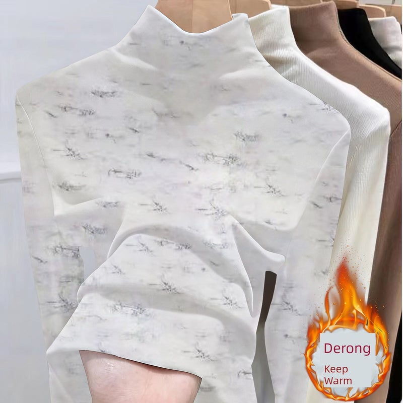 Chic cherry base shirt for women's autumn and winter new slim-fit printed half-turtleneck thick long-sleeved t-shirt with inner top - Image 1