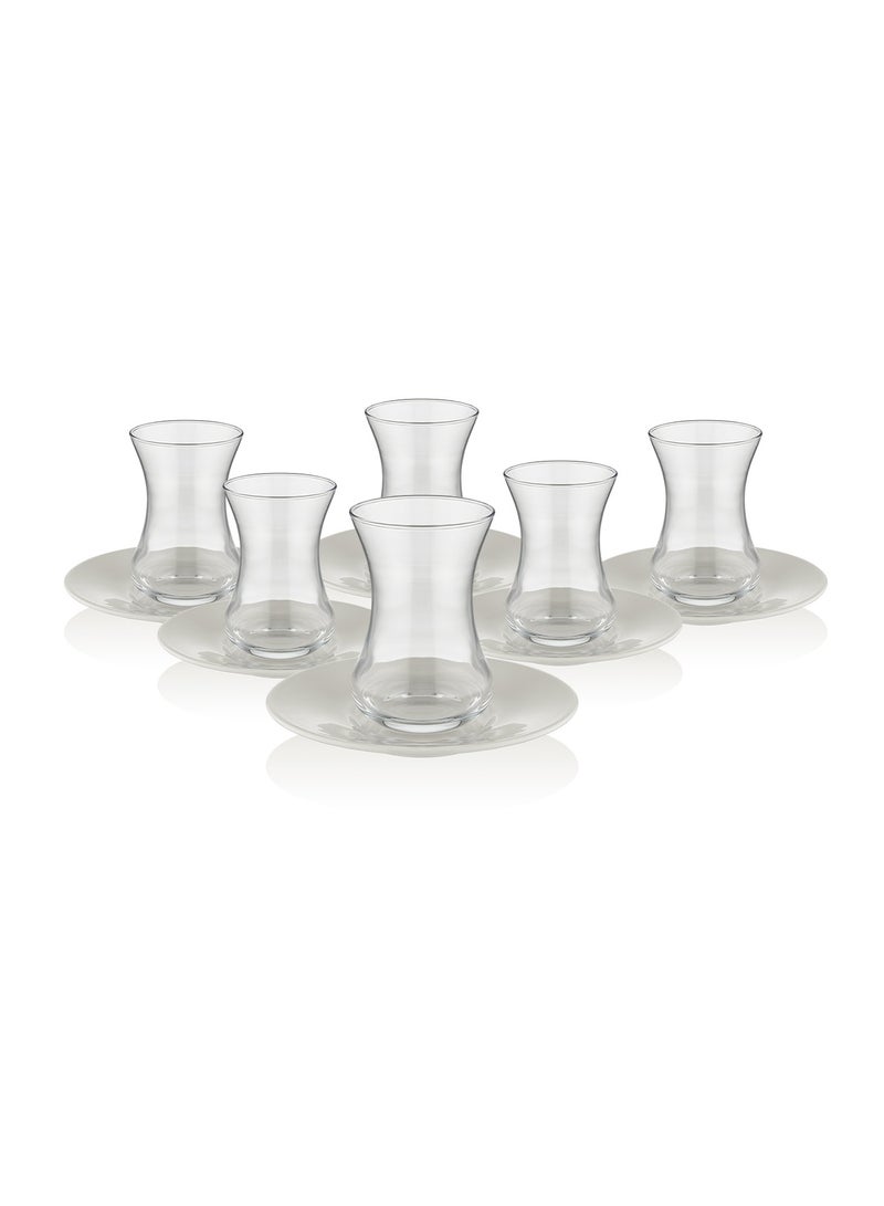 BLACKSTONE Istikana Plain Tea Cup and Saucer 12pc Set Tea Service 6x Glass Cups (100ml) with 6x Porcelain Saucers (11.8cm)  - Image 1