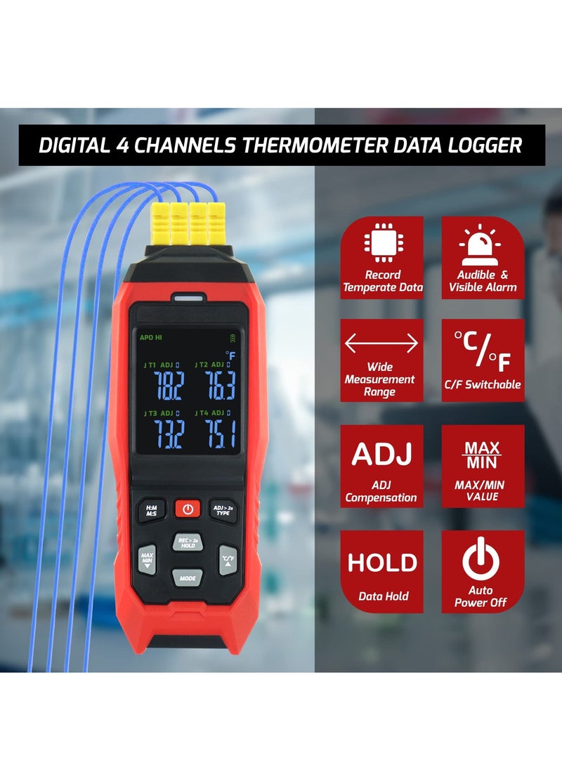 KASTWAVE - Thermocouple Thermometer Data Logger 4 Channels Digital K Type Thermometer with 5000 Groups Programmable Temperature Recording -328~2501℉ Measuring Range, Audible & Visible Alarm ADJ Compensation - Image 1