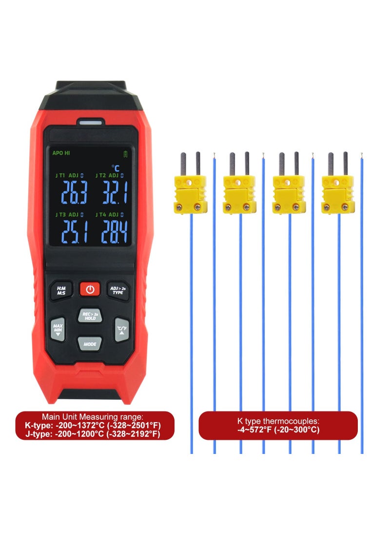 KASTWAVE - Thermocouple Thermometer Data Logger 4 Channels Digital K Type Thermometer with 5000 Groups Programmable Temperature Recording -328~2501℉ Measuring Range, Audible & Visible Alarm ADJ Compensation - Image 1