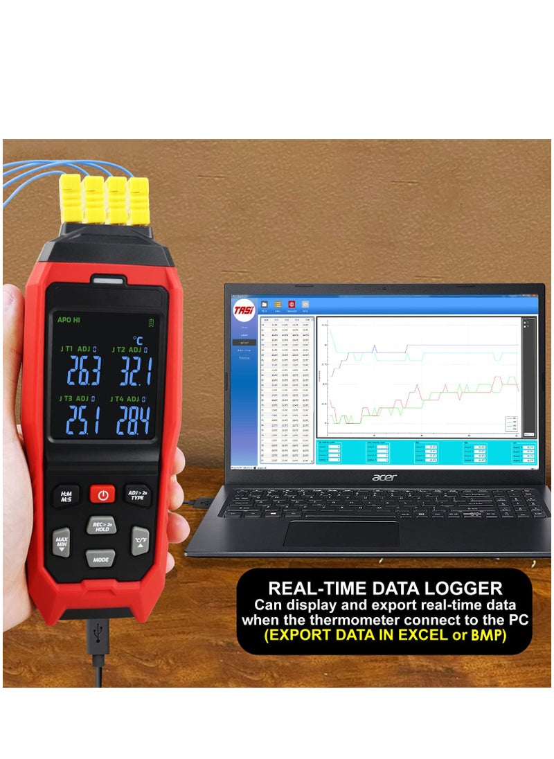 KASTWAVE - Thermocouple Thermometer Data Logger 4 Channels Digital K Type Thermometer with 5000 Groups Programmable Temperature Recording -328~2501℉ Measuring Range, Audible & Visible Alarm ADJ Compensation - Image 1