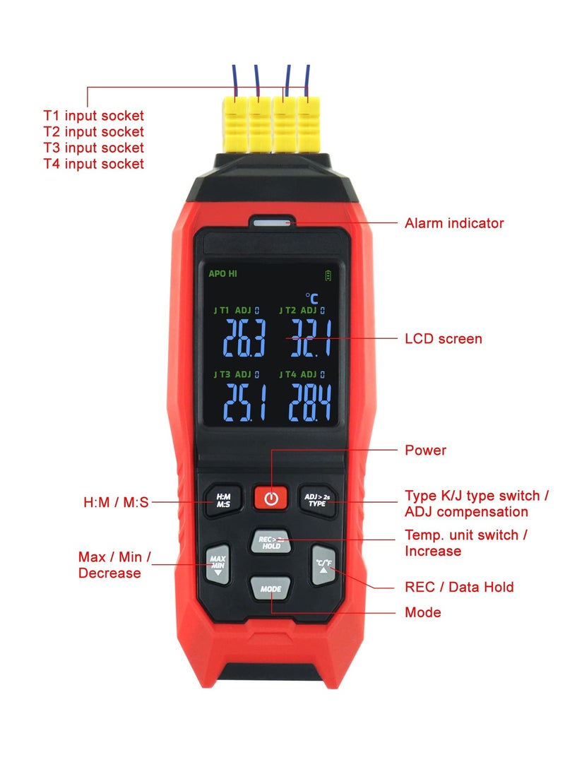 KASTWAVE - Thermocouple Thermometer Data Logger 4 Channels Digital K Type Thermometer with 5000 Groups Programmable Temperature Recording -328~2501℉ Measuring Range, Audible & Visible Alarm ADJ Compensation - Image 1