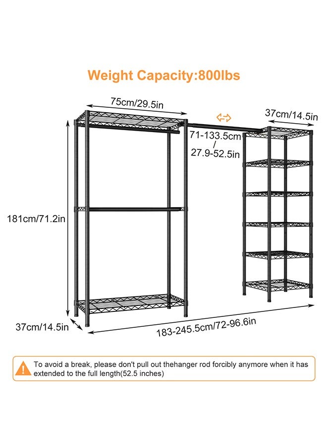 Solerconm Adjustable Heavy-Duty Metal Clothes Rack with Expandable Hanger Rods and Shelves – 72 to 96.6 inch Wide Closet Organizer - Image 3