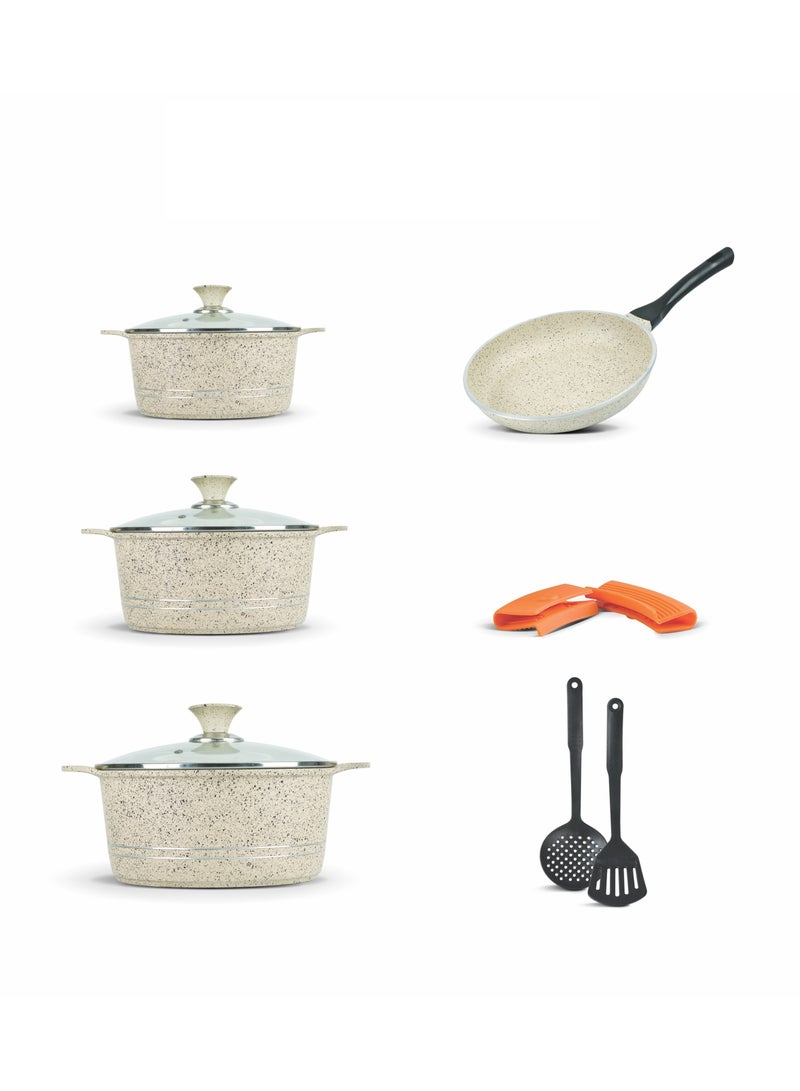 سونكس طقم أواني الطهي المصنوعة من الألومنيوم المُسبوك 11 قطعة – سطح مغلف بالرخام، صديق للبيئة، وقوي - Image 1