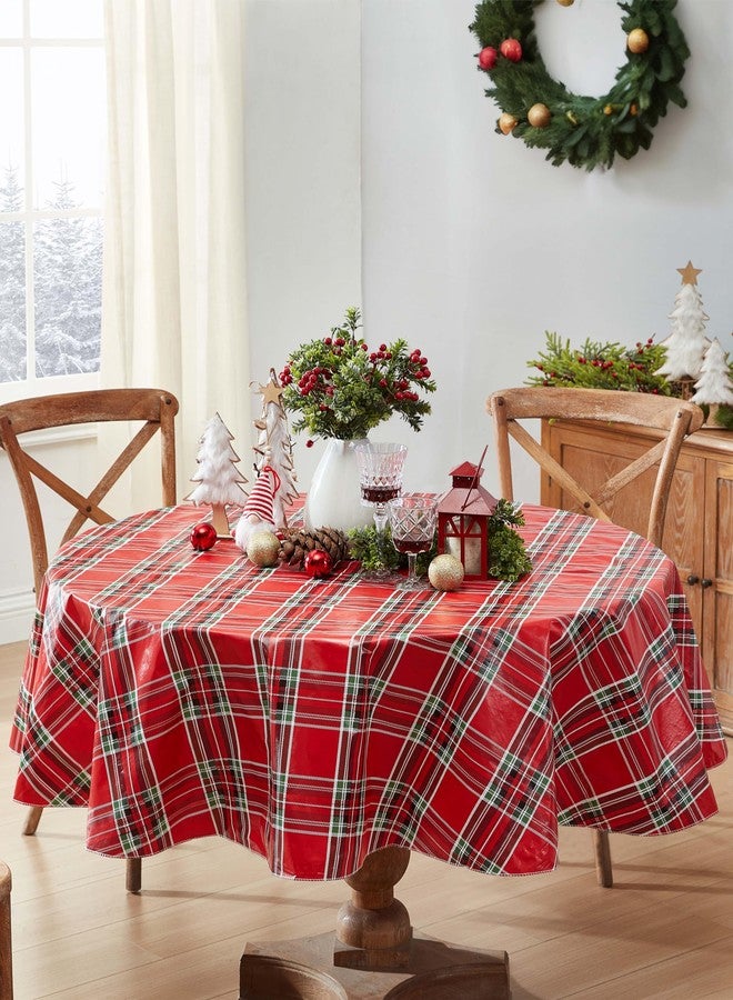 Newbridge Hamilton Red Tartan Plaid Christmas Vinyl Tablecloth with Flannel Backing – Traditional Holiday Red, Green & Black Plaid Wipe Clean Table Cover, 60 x 84 Inch Oval - Image 1