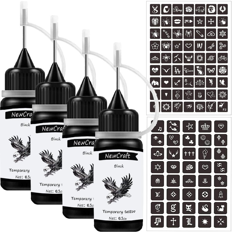 NewCraft 4 Packs Black Temporary Tattoo Ink and Stencils for Women Men Kids Trend DIY Fake Freckles 103 Pcs Stencils Temporary Tattoo Kit