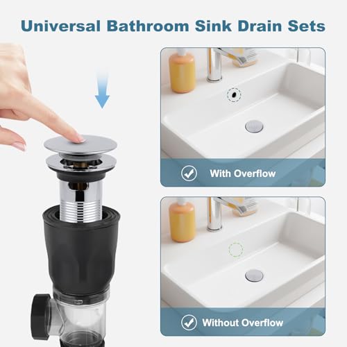 iFealClear Bathroom Sink Drain Kit, Flexible P-Trap Drain Pipe with Pop Up Stopper, Sink Pipe Replacement with 2 Adapters, Fits 1-1/4'', 1-1/2'', 2" Holes, Big Cover Cap, Brass Bounce Core, Chrome - Image 2