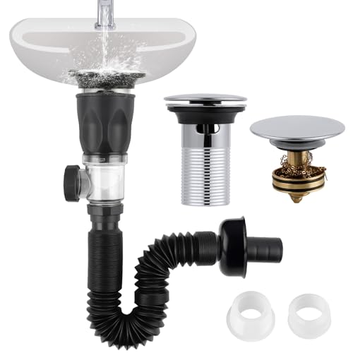 iFealClear Bathroom Sink Drain Kit, Flexible P-Trap Drain Pipe with Pop Up Stopper, Sink Pipe Replacement with 2 Adapters, Fits 1-1/4'', 1-1/2'', 2" Holes, Big Cover Cap, Brass Bounce Core, Chrome - Image 1