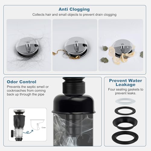iFealClear Bathroom Sink Drain Kit, Flexible P-Trap Drain Pipe with Pop Up Stopper, Sink Pipe Replacement with 2 Adapters, Fits 1-1/4'', 1-1/2'', 2" Holes, Big Cover Cap, Brass Bounce Core, Chrome - Image 4
