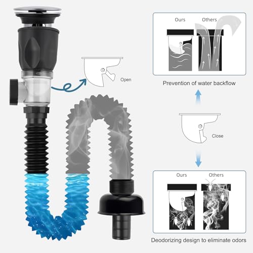 iFealClear Bathroom Sink Drain Kit, Flexible P-Trap Drain Pipe with Pop Up Stopper, Sink Pipe Replacement with 2 Adapters, Fits 1-1/4'', 1-1/2'', 2" Holes, Big Cover Cap, Brass Bounce Core, Chrome - Image 3