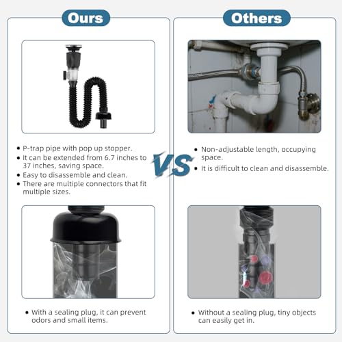 iFealClear Bathroom Sink Drain Kit, Flexible P-Trap Drain Pipe with Pop Up Stopper, Sink Pipe Replacement with 2 Adapters, Fits 1-1/4'', 1-1/2'', 2" Holes, Big Cover Cap, Brass Bounce Core, Chrome - Image 5