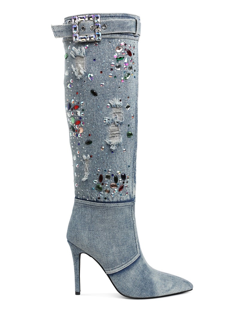 London Rag Multi Color Stones Denim Boots in Denim  - Image 1
