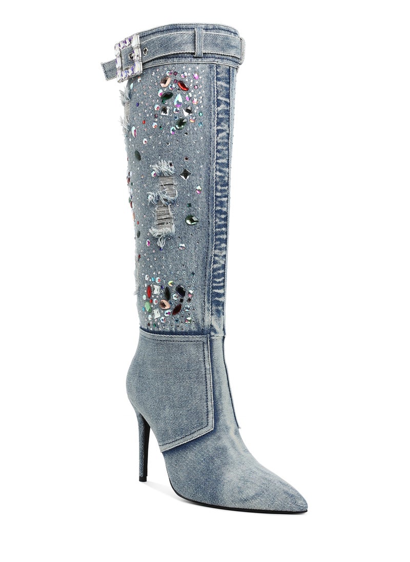 London Rag Multi Color Stones Denim Boots in Denim  - Image 2