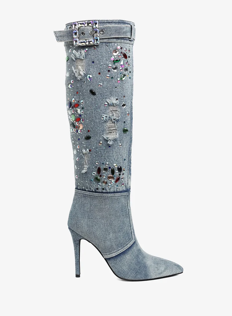 London Rag Multi Color Stones Denim Boots in Denim