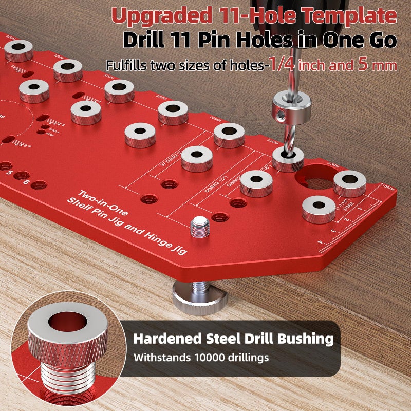 HONTAITUO 11-Hole Shelf Pin Jig and Hinge Jig 2-in-1,1/4 Inch and 5mm Shelf Pin Drilling Jig,Self-contained Clamping Function Shelf Jig and Cabinet Hardware Jig Tool Drill Guide - Image 2