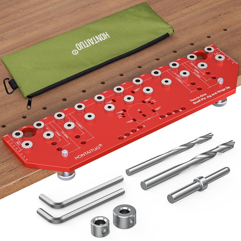 HONTAITUO 11-Hole Shelf Pin Jig and Hinge Jig 2-in-1,1/4 Inch and 5mm Shelf Pin Drilling Jig,Self-contained Clamping Function Shelf Jig and Cabinet Hardware Jig Tool Drill Guide - Image 1