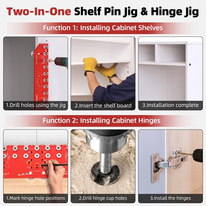 HONTAITUO 11-Hole Shelf Pin Jig and Hinge Jig 2-in-1,1/4 Inch and 5mm Shelf Pin Drilling Jig,Self-contained Clamping Function Shelf Jig and Cabinet Hardware Jig Tool Drill Guide - Image 3