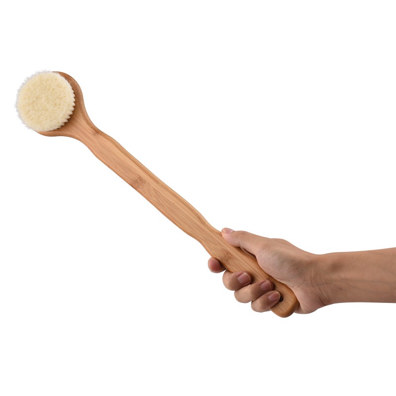 Back Body Brush: Khaki Bamboo Non-Slip Long Handle - Wet Dry Use For Deep Cleansing, Exfoliation Back Shower Brush for Home Bathing, Hard-to-Reach Back Areas - Image 2