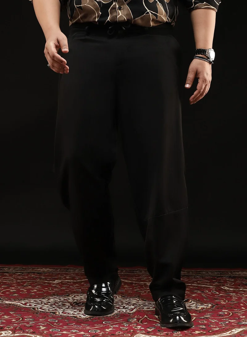 انستافاب بلس Instafab Plus Men's Onyx Black Panelled Chino Trousers | Mid-Rise , Straight Hem , Button Closure | Solid Plain Polyester Blend Material For Street & Casual Wear
