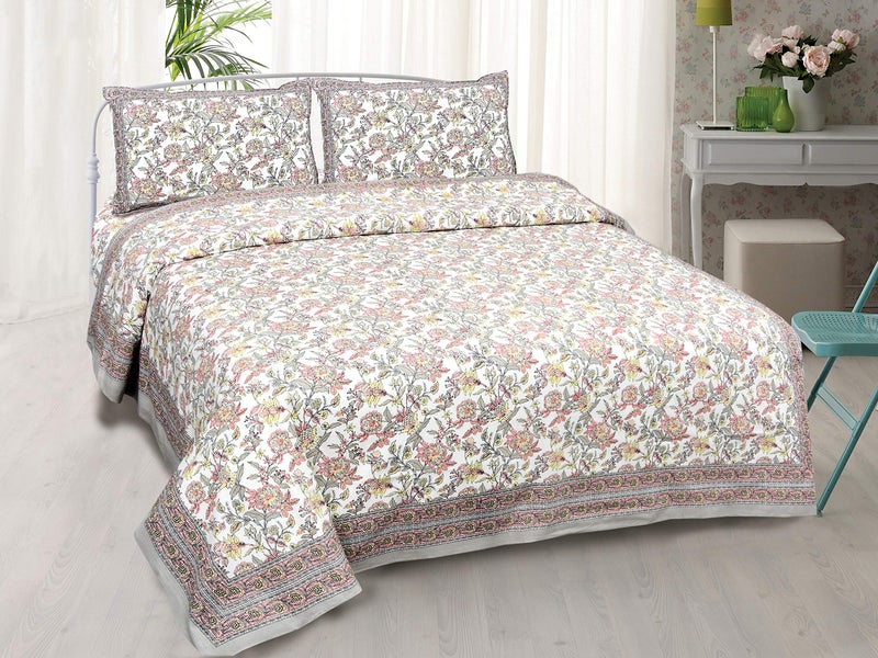 Braise Premium 100% Pure Cotton Double Bedsheet 90 x 108 inches with 2 Pillow Covers (Floral Grey) - Image 1