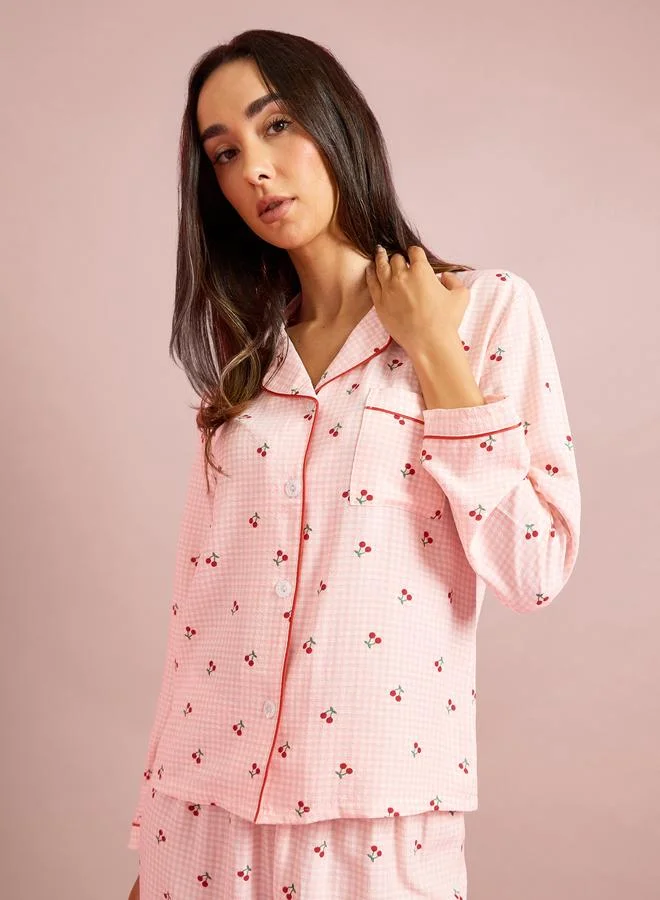 ستايلي Pink Checked Cherry Print Long Sleeves Shirt and Pants Pyjama Set