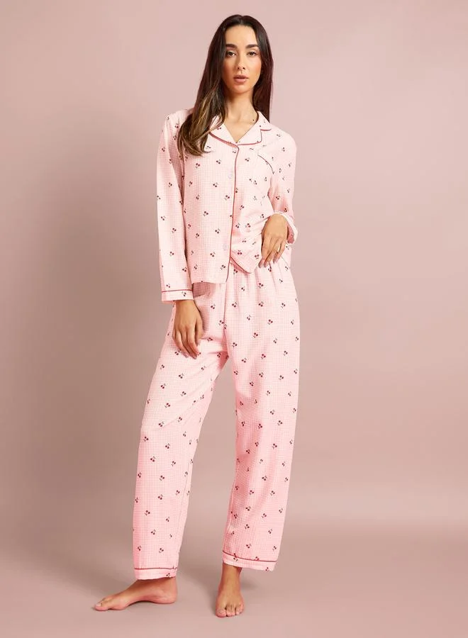 ستايلي Pink Checked Cherry Print Long Sleeves Shirt and Pants Pyjama Set