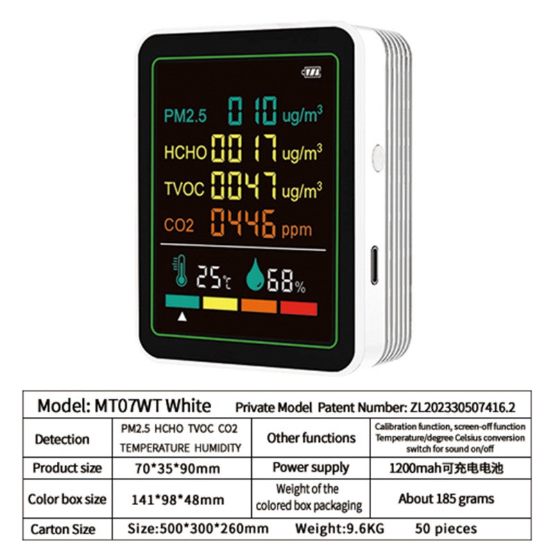 Air Quality Monitor: 6-In-One High-Precision Sensor - 2.8-Inch HD Color Display Rechargeable CO2 Monitor for Indoor Home Office Use - Image 5