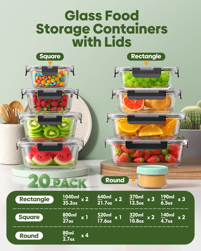 KEMETHY 40 PCS Glass Food Storage Containers with Lids(20 Container & 20 Lid), Borosilicate Glass Meal Prep Containers for Kitchen Storage and Organization, BPA-Free, Leak Proof, Reusable - Image 2