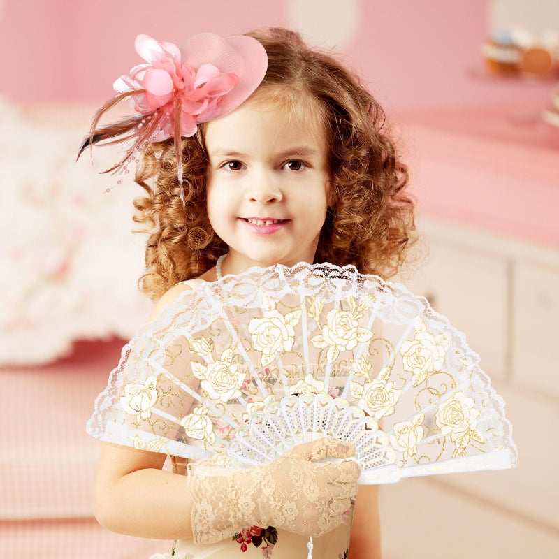 Sintege 4 Pcs Girls Tea Party Set Girls Tea Party Accessories Gloves Hats Necklace Fans for Toddler(Champagne) - Image 5