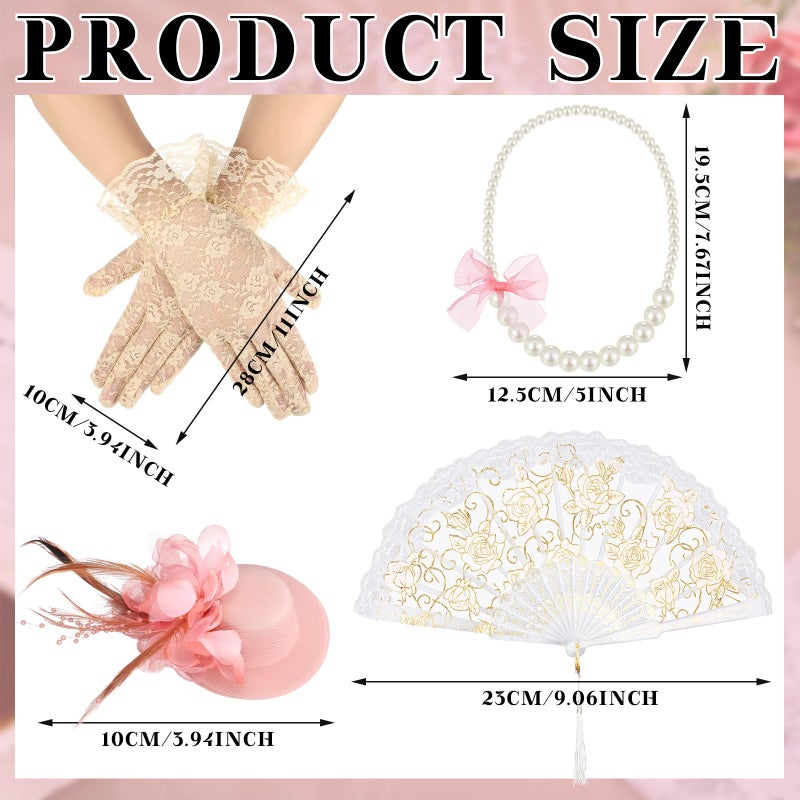 Sintege 4 Pcs Girls Tea Party Set Girls Tea Party Accessories Gloves Hats Necklace Fans for Toddler(Champagne) - Image 3