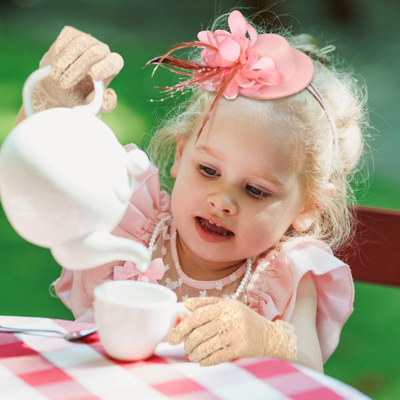 Sintege 4 Pcs Girls Tea Party Set Girls Tea Party Accessories Gloves Hats Necklace Fans for Toddler(Champagne) - Image 4