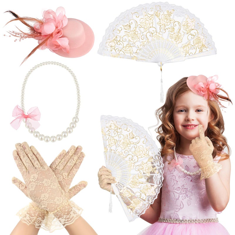 Sintege 4 Pcs Girls Tea Party Set Girls Tea Party Accessories Gloves Hats Necklace Fans for Toddler(Champagne) - Image 1