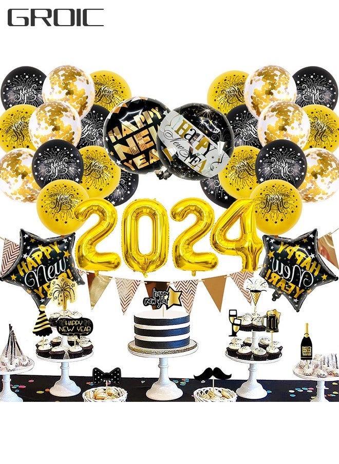 جرويك 43 قطعة طقم بالونات الذهب الأسود 2024 مستلزمات حفلات سنة جديدة سعيدة ، لوازم الحفلات مع سنة جديدة سعيدة 2024 خلفية لافتة ليلة رأس السنة الجديدة زينة حفلة - Image 1